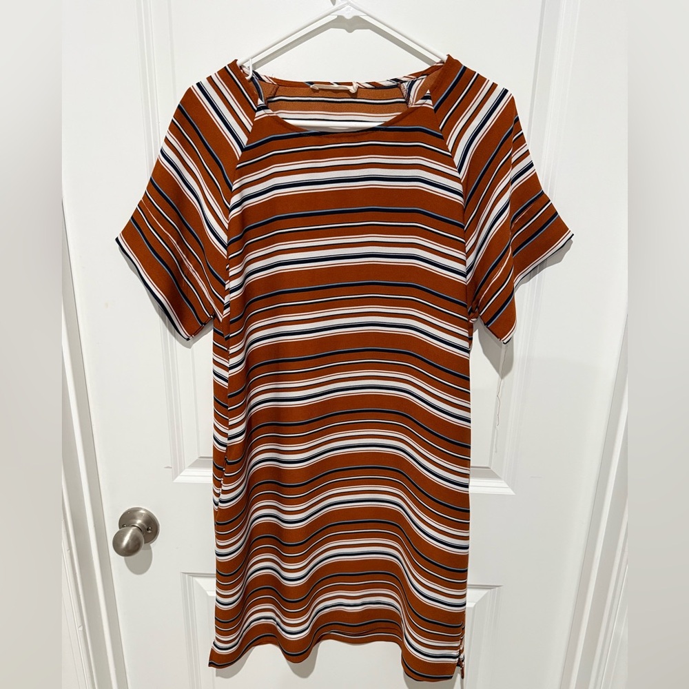 Ellison Orange and Navy Striped Midi Dress Comfy Fit
